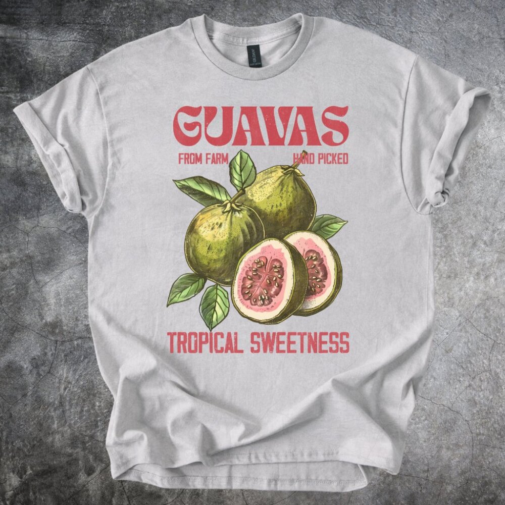 Guava Fruit Shirt Tropical Artwork Illustration Tshirt Cotton Crewneck Gray